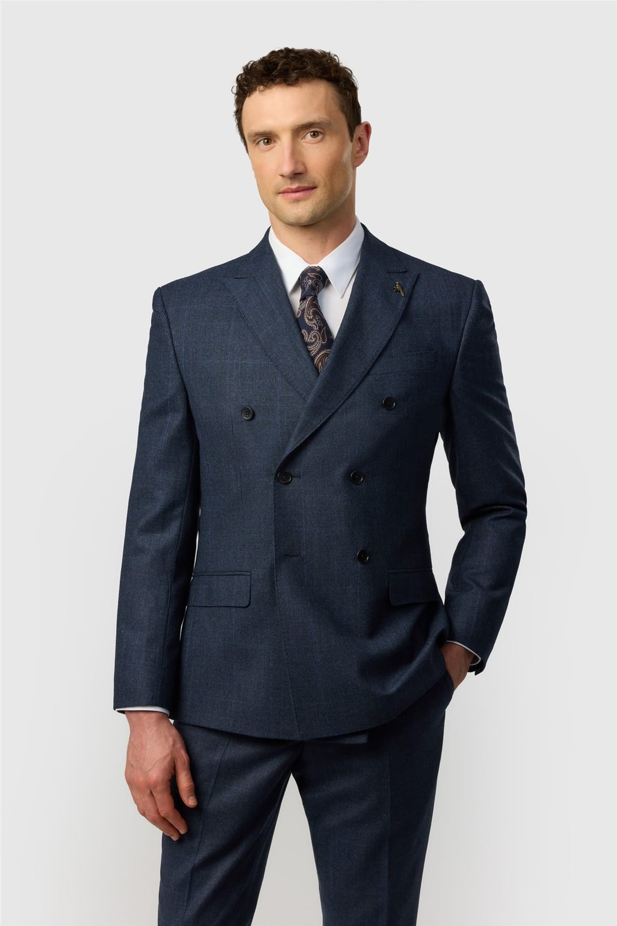 Ted Baker Ted Baker Men's Double Breasted Six Button Checked Tailored Suit Jacket in Dark Blue - 1