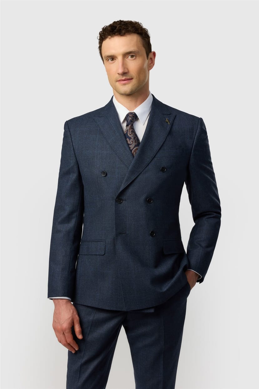 Ted Baker Ted Baker Men's Double Breasted Six Button Checked Tailored Suit Jacket in Dark Blue - 1