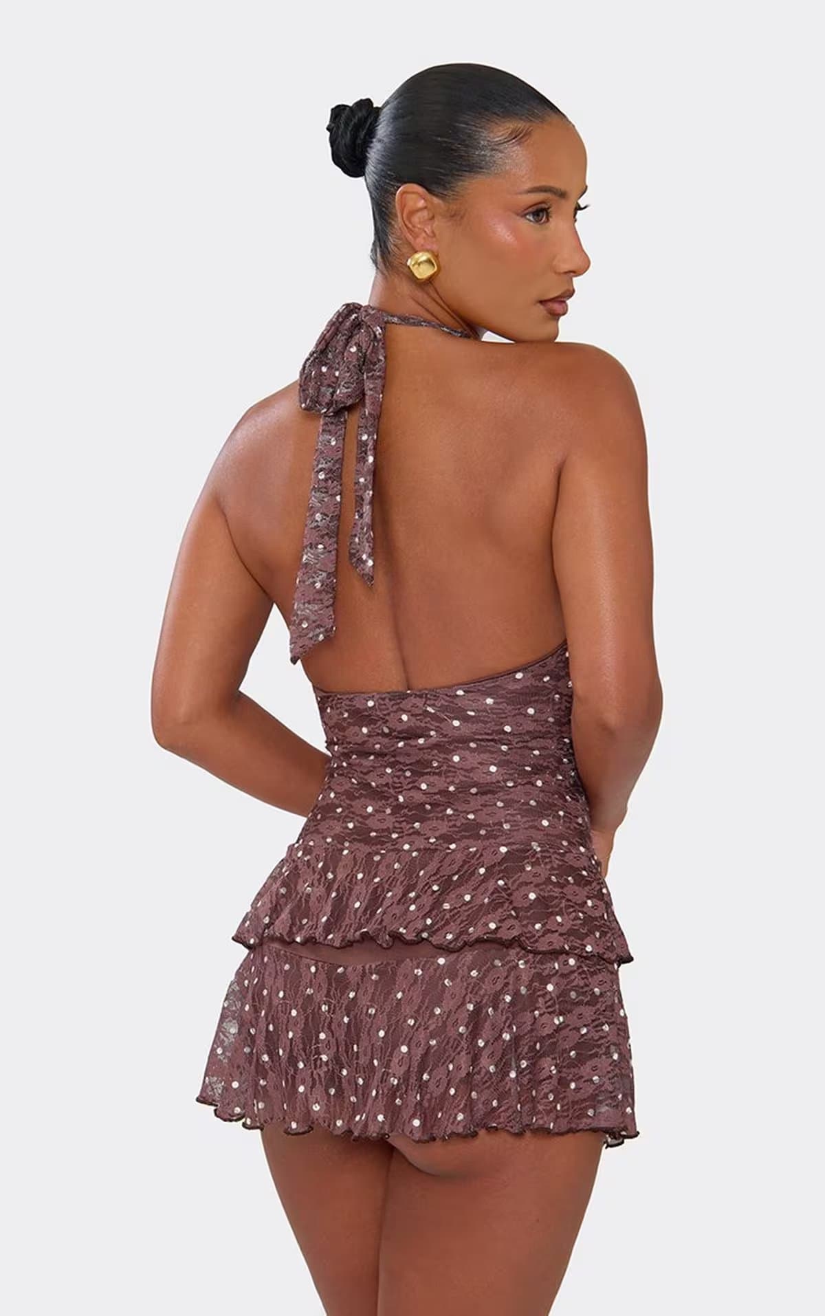 EGO High Neck Open Back Frilled Playsuit In Brown Lace, Women's Size UK 6