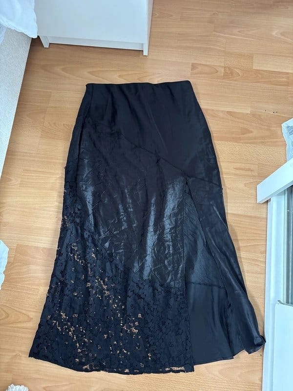 ASOS Black Satin Lace Midi Skirt