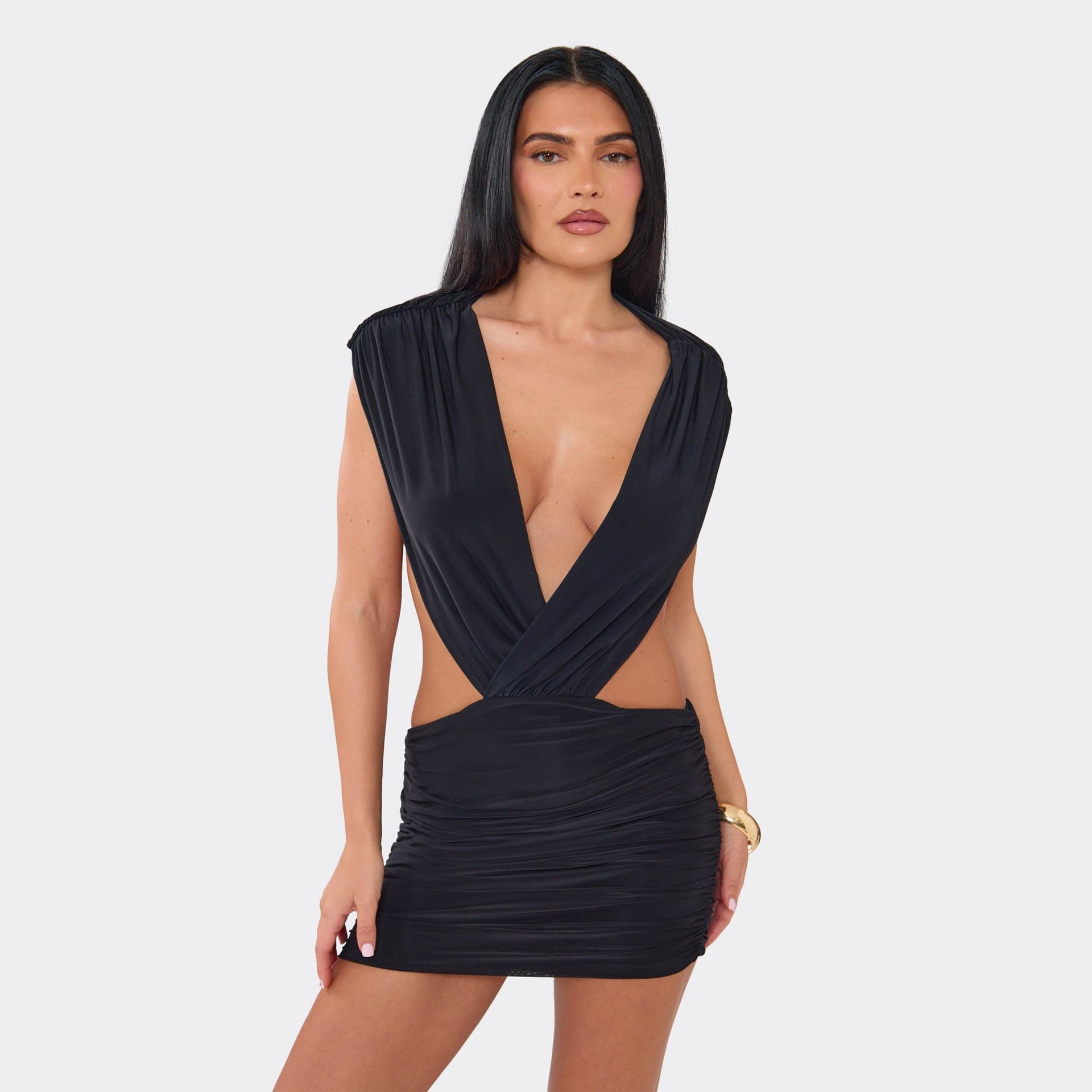 EGO Sleeveless Plunge Front Open Back Mini Dress In Black, Women's Size UK 6
