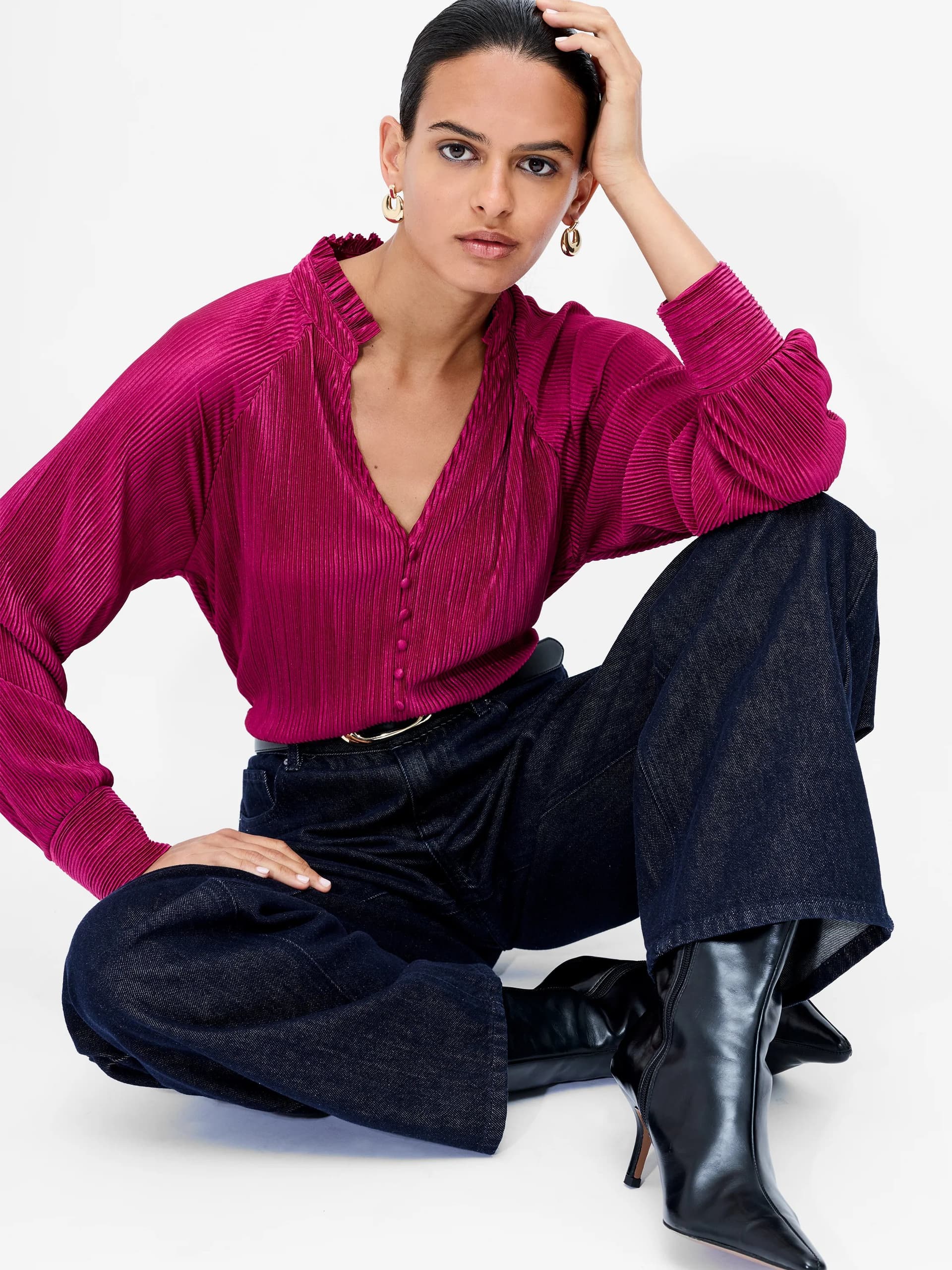 French Connection Rylah Pink Plisse V-Neck Long Sleeve Blouse Winterberry Pink