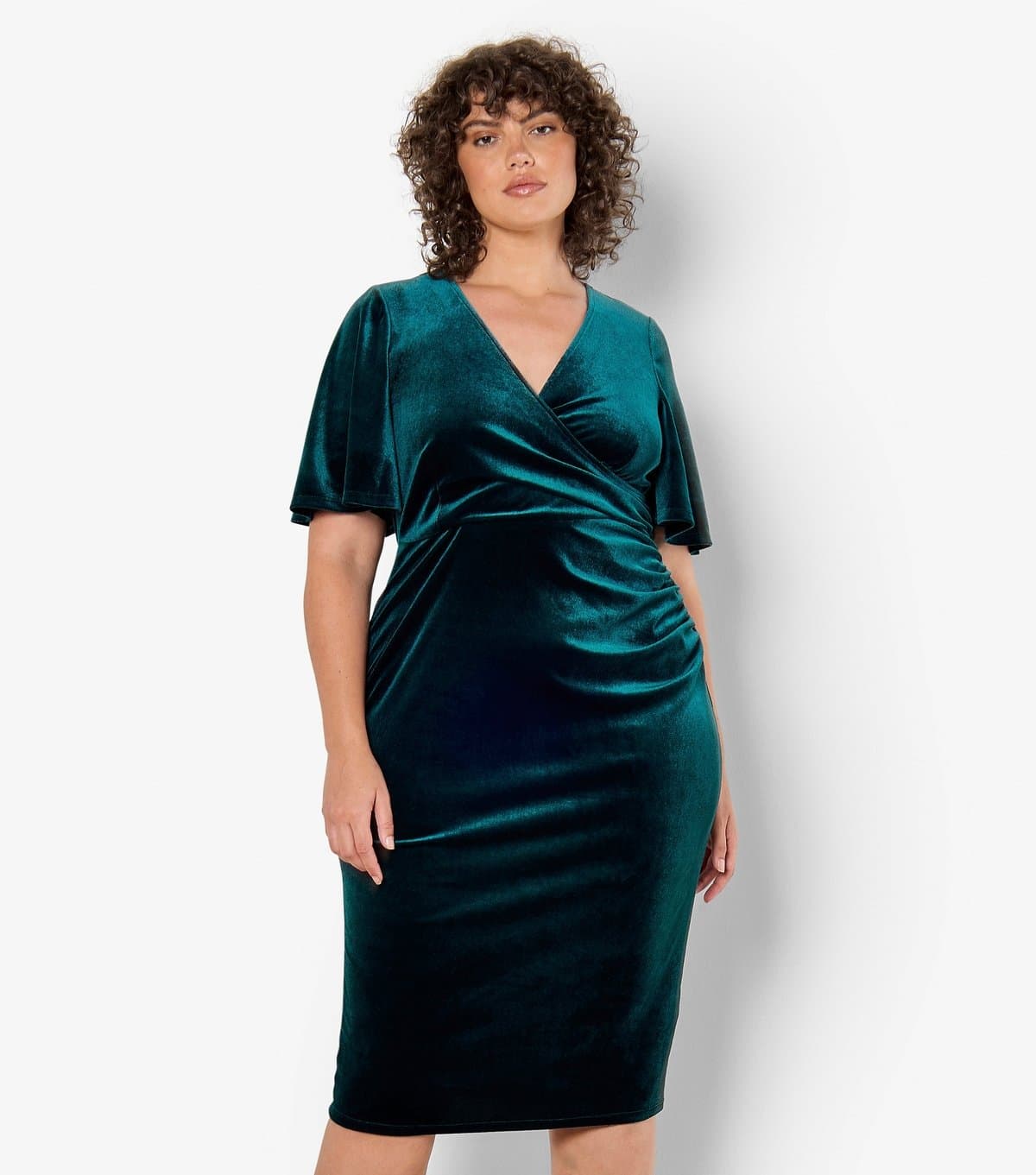 Apricot Women's Plus Size Dark Green Velvet Wrap Midi Dress Curves Apricot New Look