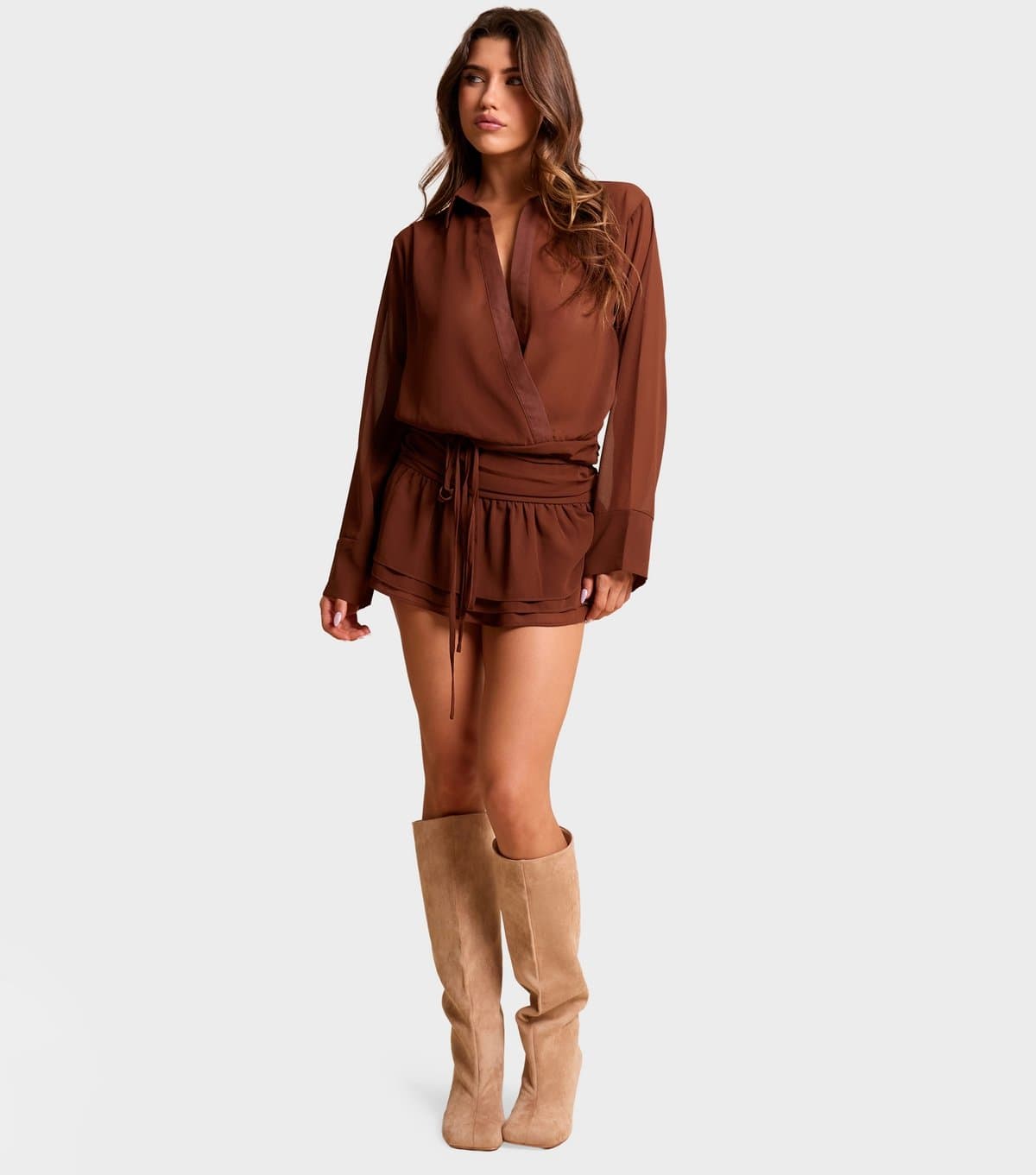 Public Desire Women's Dark Brown Long Sleeve Wrap Shirt Ruffle Mini Dress Public Desire New Look
