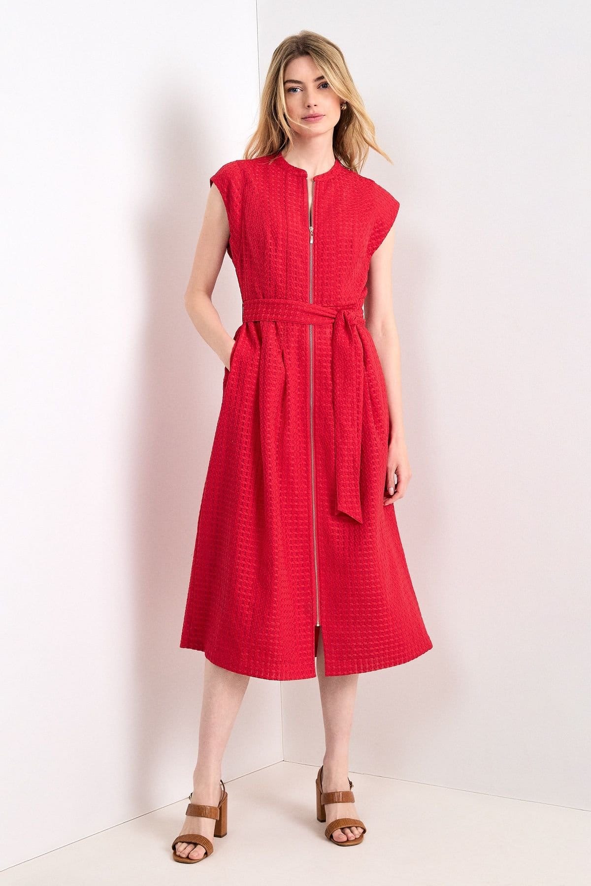 Phase Eight Red Textured Zip Front Midi Dress