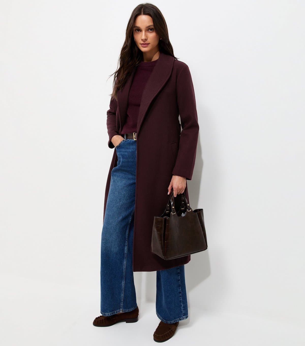 New Look Women's Dark Burgundy Shawl Collar Belted Wrap Coat New Look