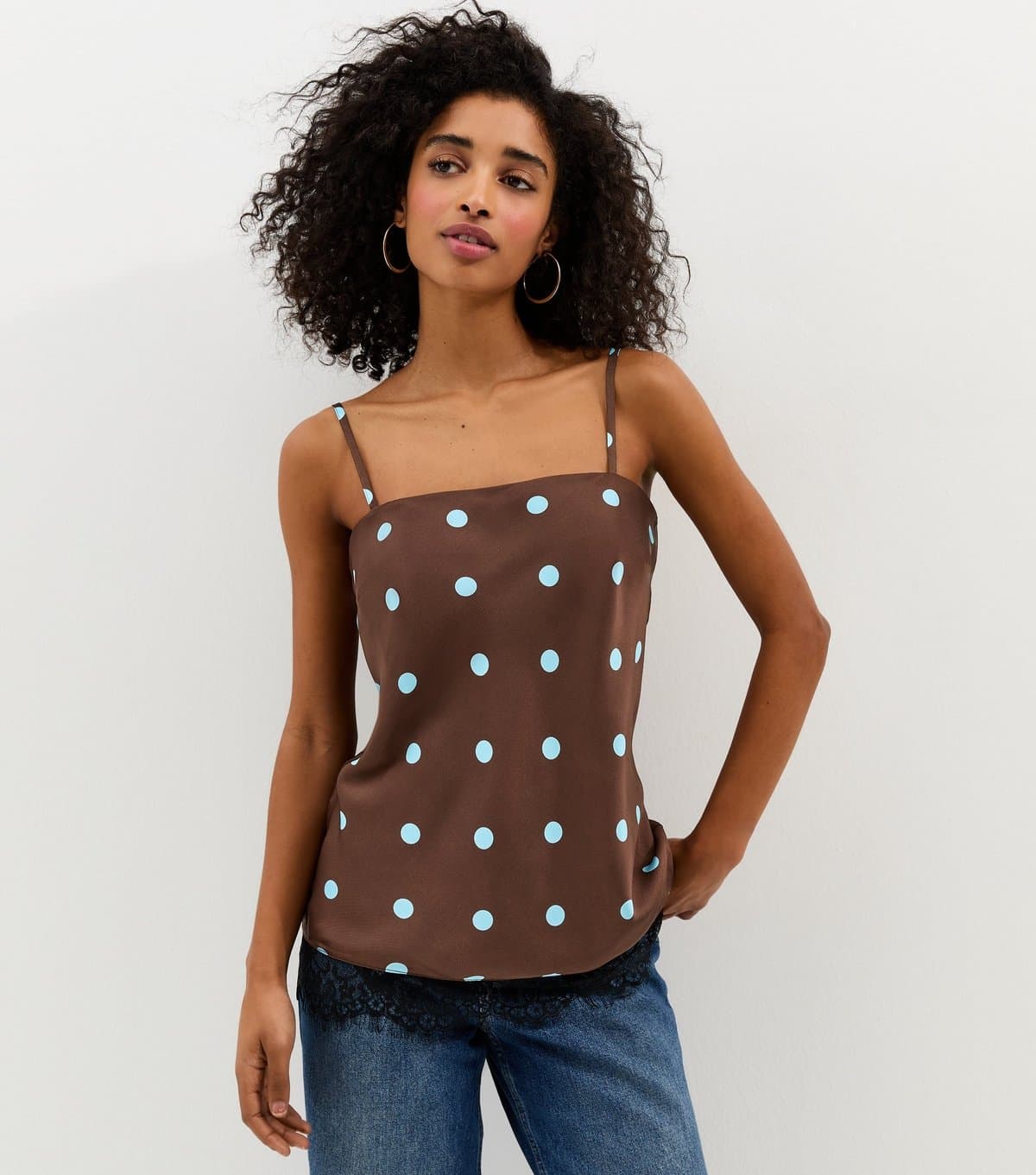 New Look Women's Brown Polka Dot Longline Cami Top New Look
