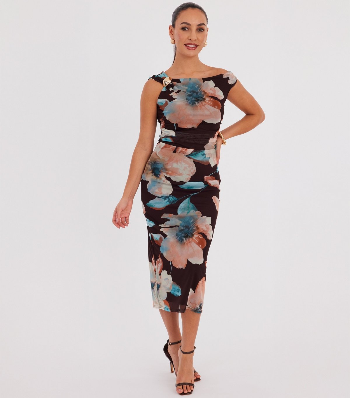 Quiz Women's Petite Dark Brown Mesh Floral Midaxi Dress Quiz New Look - 1