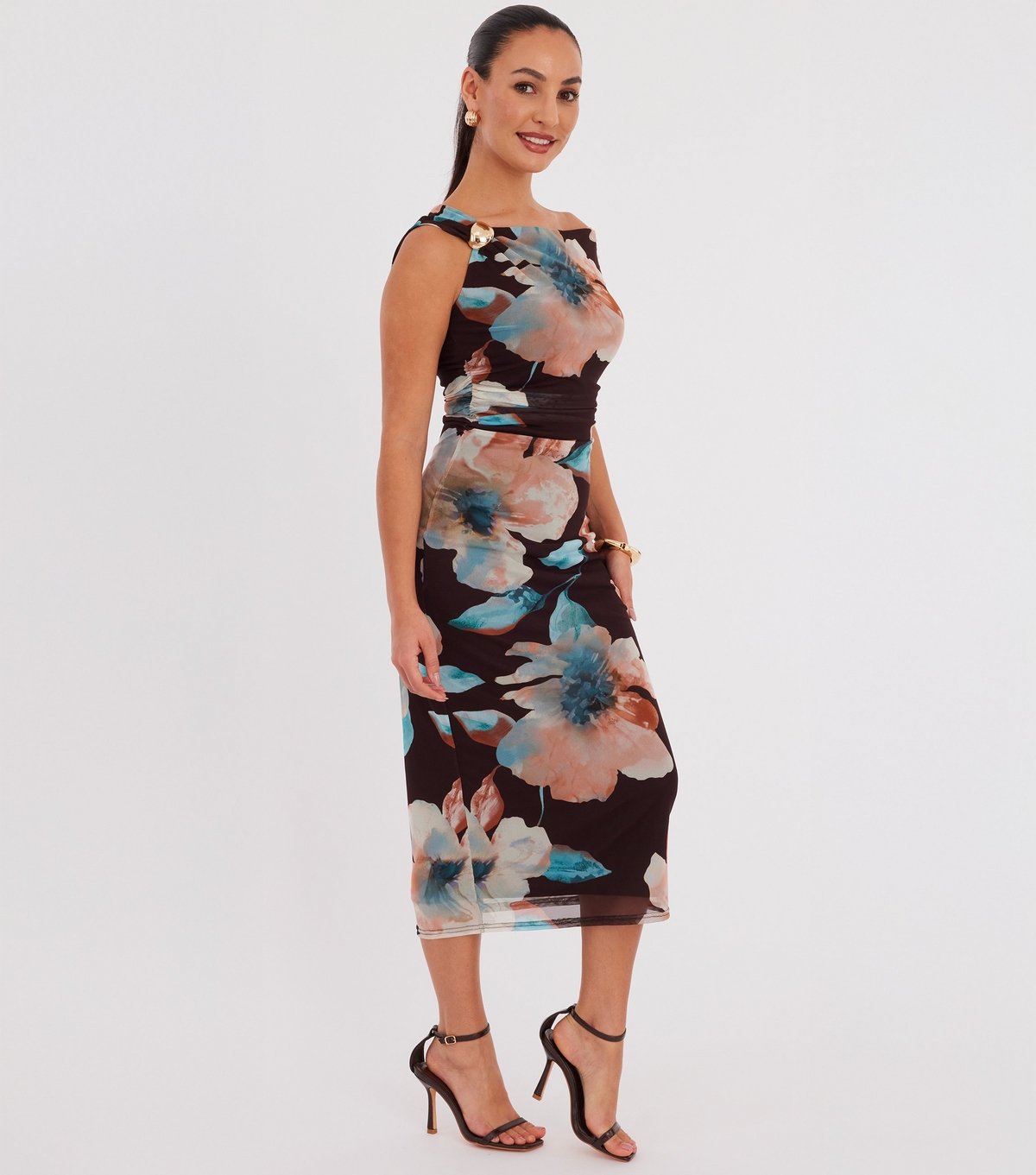 Quiz Women's Petite Dark Brown Mesh Floral Midaxi Dress Quiz New Look - 3