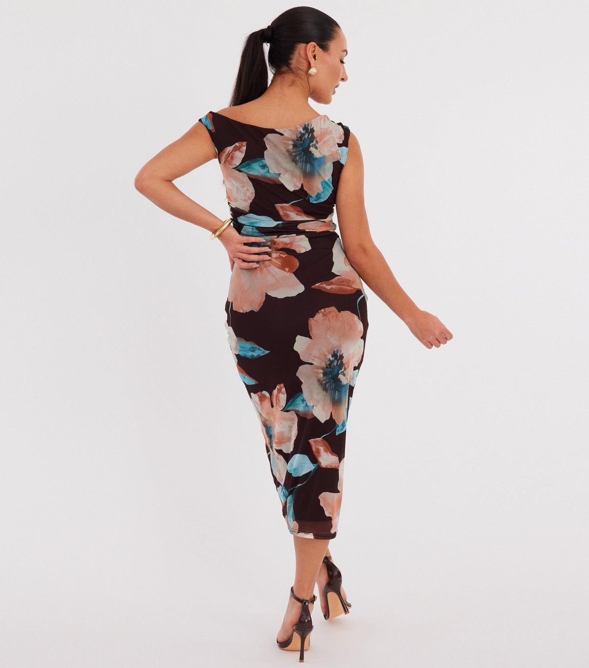 Quiz Women's Petite Dark Brown Mesh Floral Midaxi Dress Quiz New Look - 4