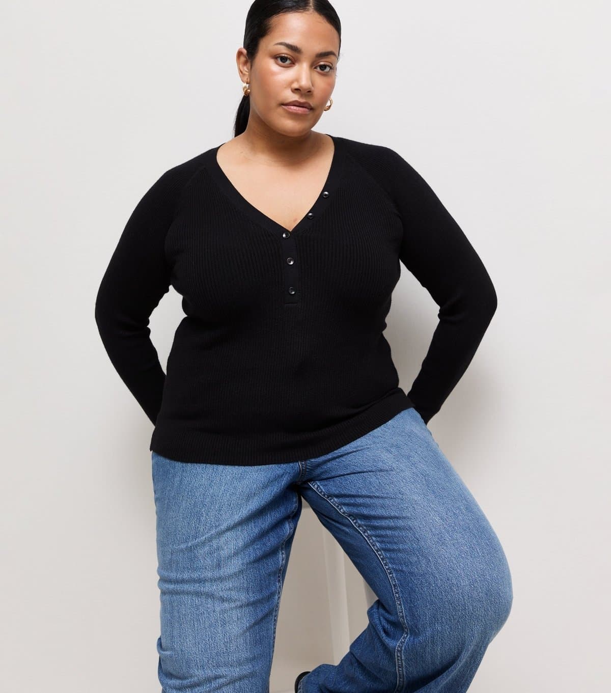 New Look Women's Plus Size Black Lightweight Rib Henley Top Curves New Look