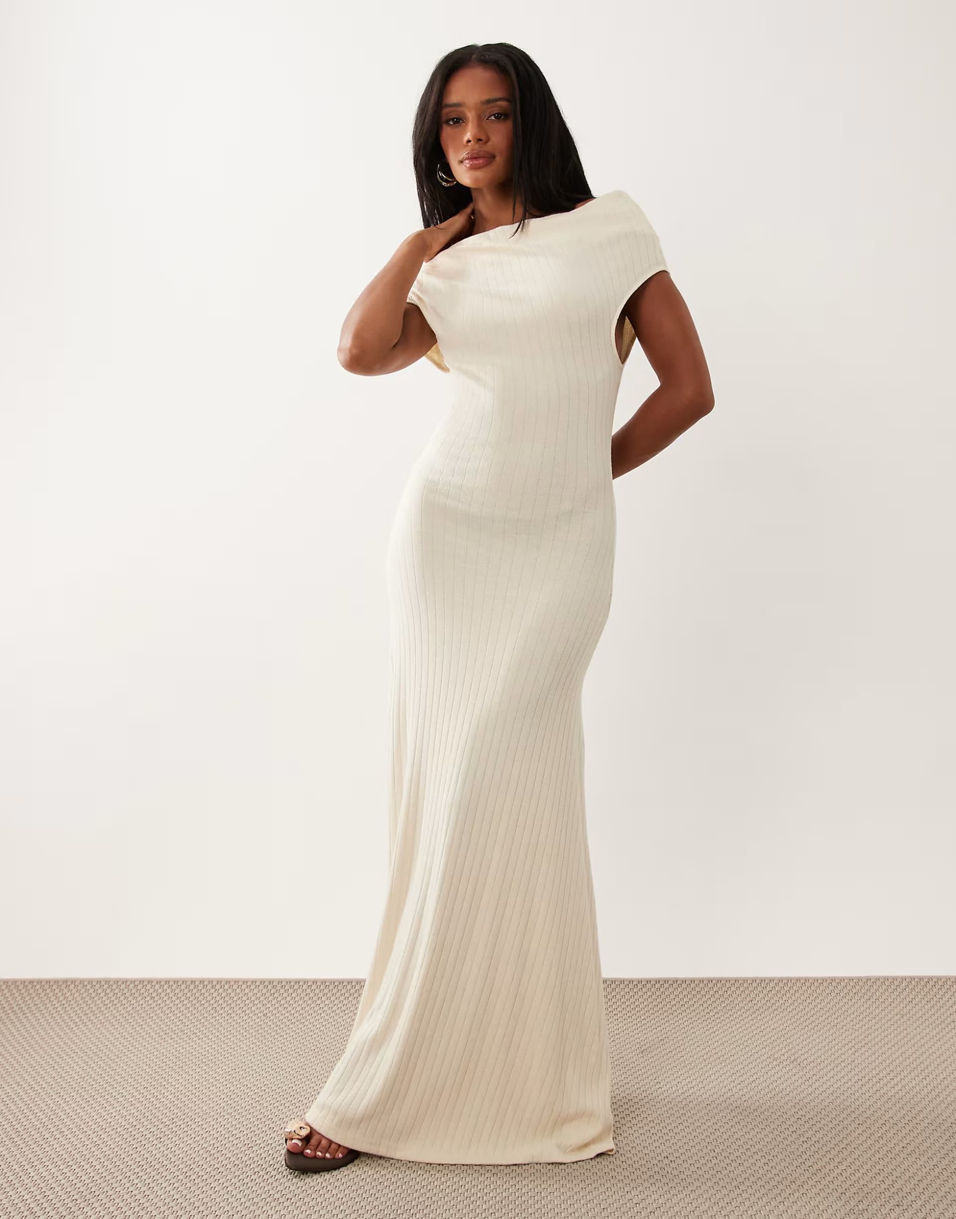 ASOS Missyempire ribbed asymmetric drape shoulder detail maxi dress in cream