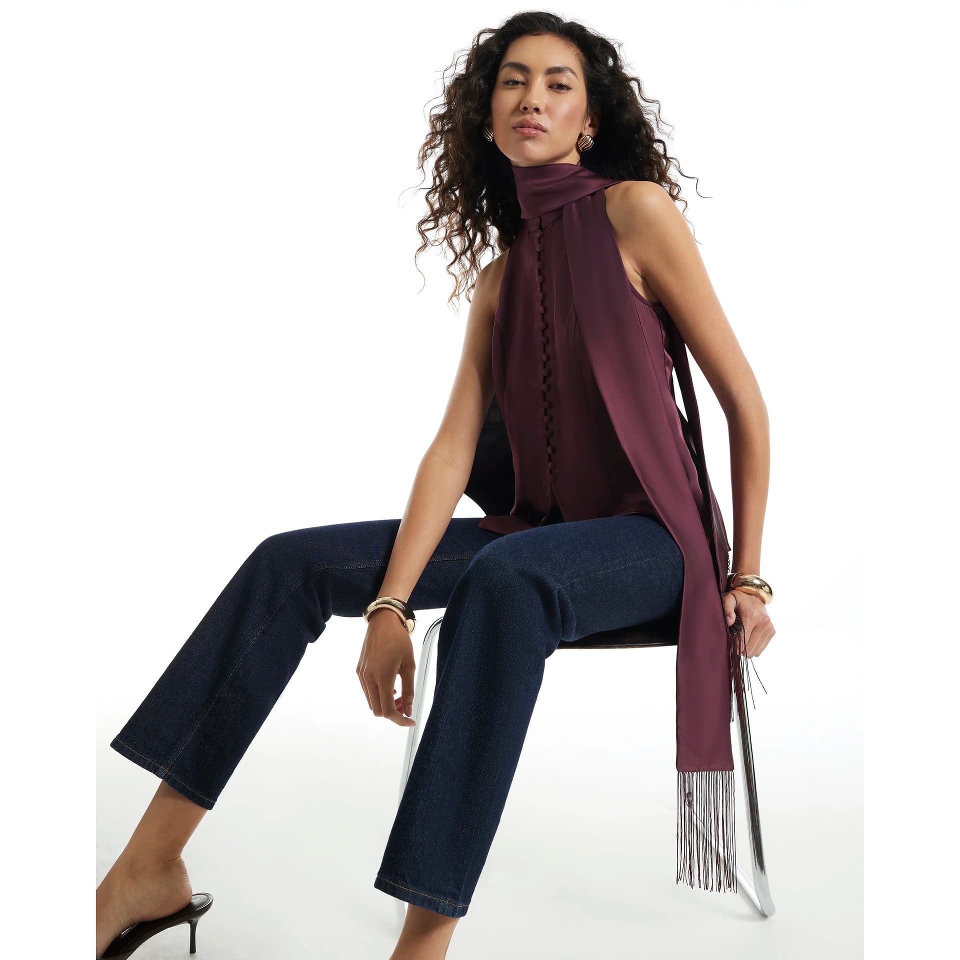 River Island River Island Womens Burgundy Satin Waistcoat With Fringe Sash