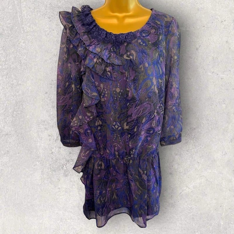 DKNY DKNY Jeans Womens Purple Blue Ruffle Chiffon Drop Waist Mini Dress UK 10