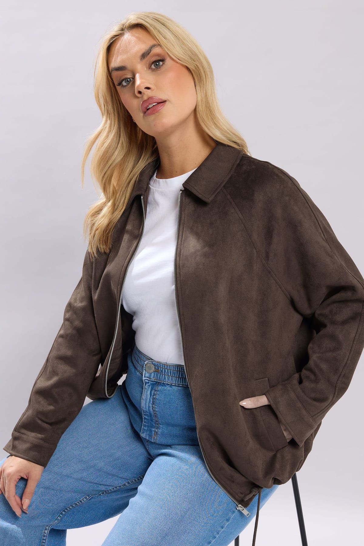 Yours Yours Women's Faux Suede Bomber Jacket in Chocolate - 1
