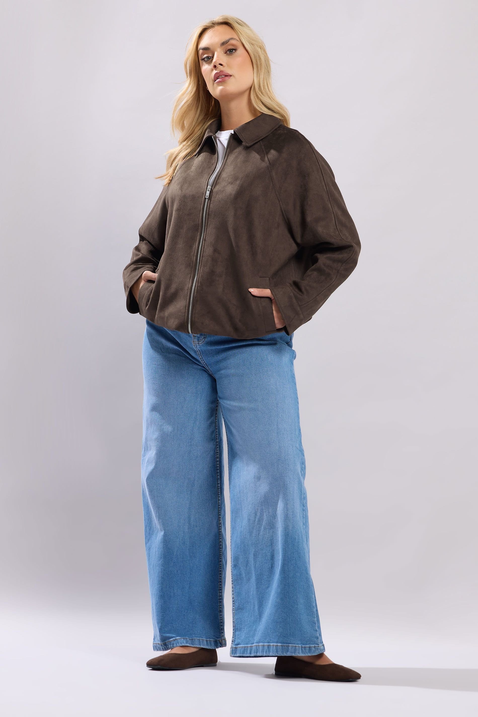 Yours Yours Women's Faux Suede Bomber Jacket in Chocolate - 4