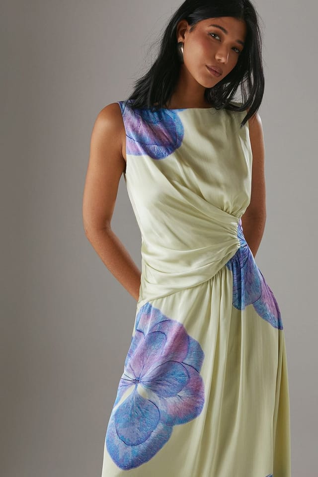 Warehouse Warehouse Women's Printed Satin Sleeveless Knot Front Asymmetric Hem Midi Dress in Floral - 2