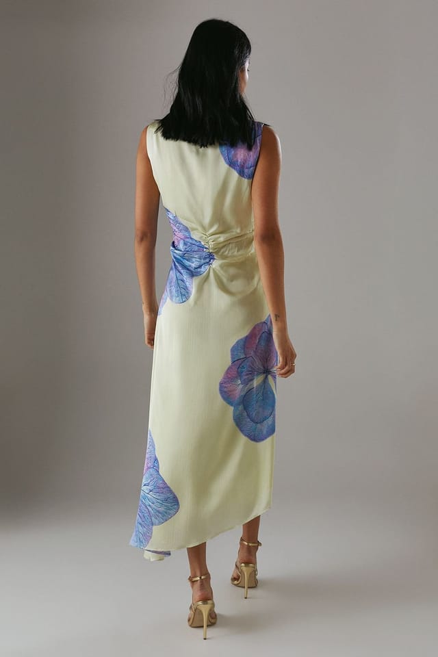 Warehouse Warehouse Women's Printed Satin Sleeveless Knot Front Asymmetric Hem Midi Dress in Floral - 3