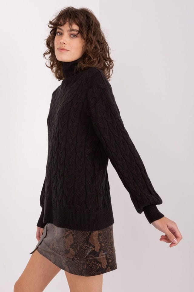 Love Lace Love Lace Women's Turtleneck Sweater Plaid Variegated Weave in Black - 2