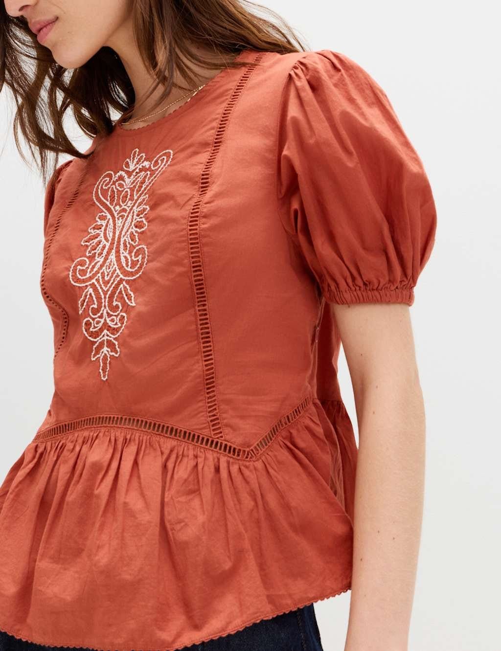 M&S Pure Cotton Embroidered Puff Sleeve Blouse Rust