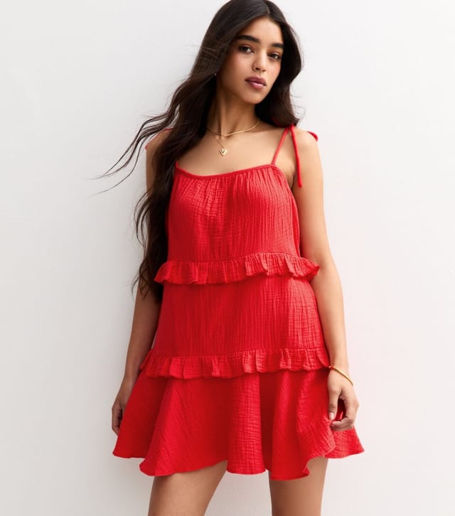 New Look Women's Red Tie Strap Ruffle Trimmed Mini Dress New Look - 2