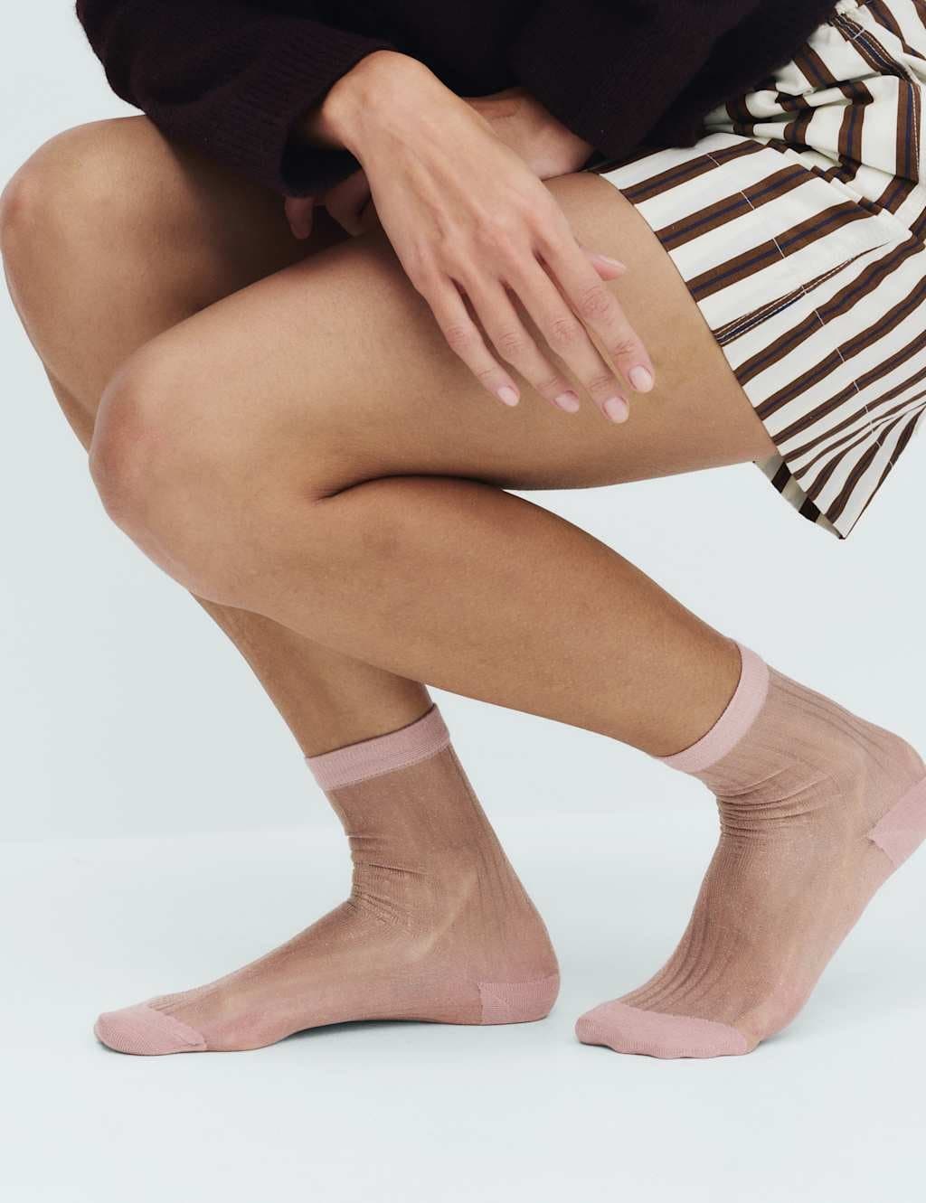 Marks & Spencer M&S Cotton Blend Sheer Ribbed Sparkly Crew Socks Pink