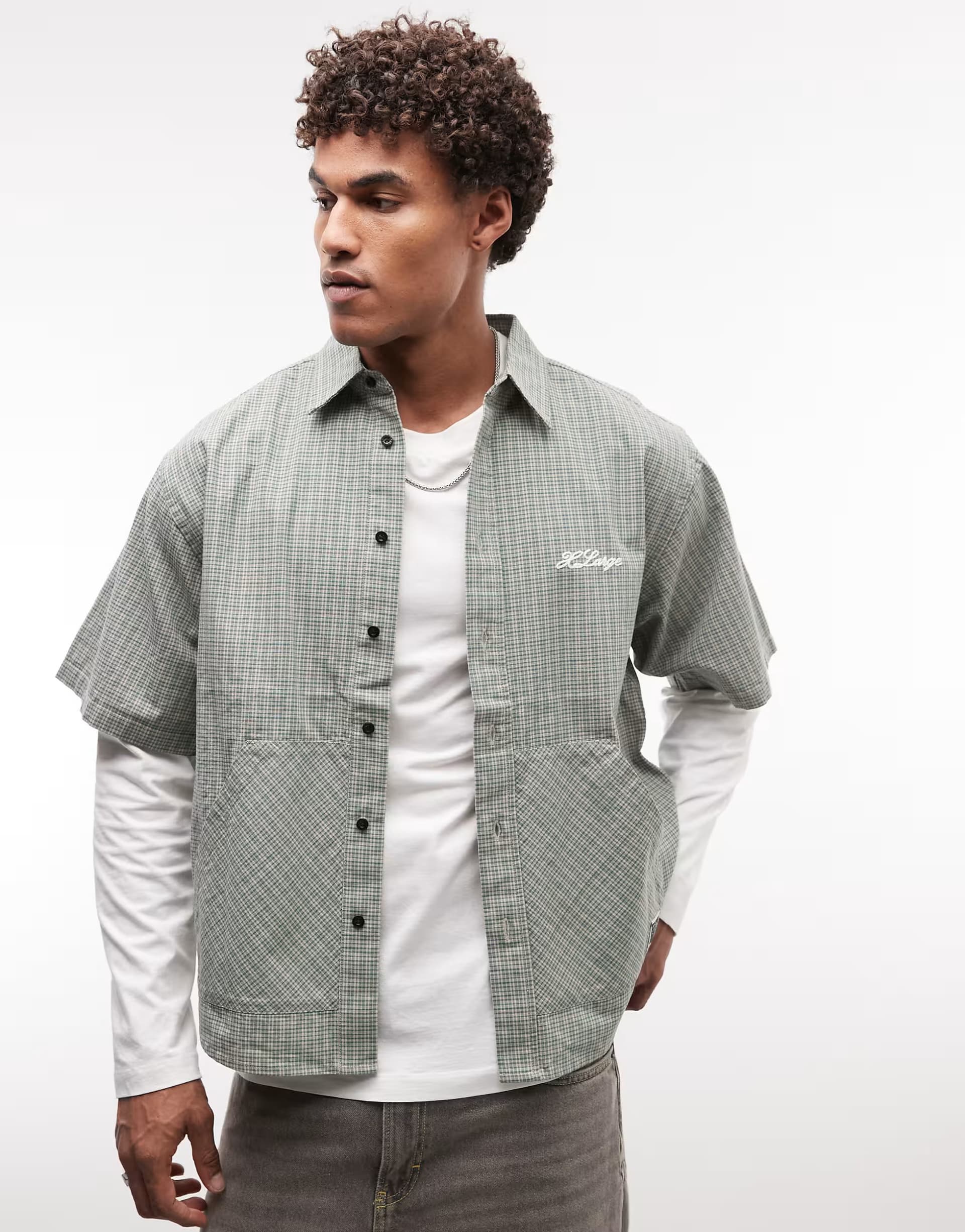 ASOS XLARGE check double checked short sleeve shirt with kangaroo pockets in green
