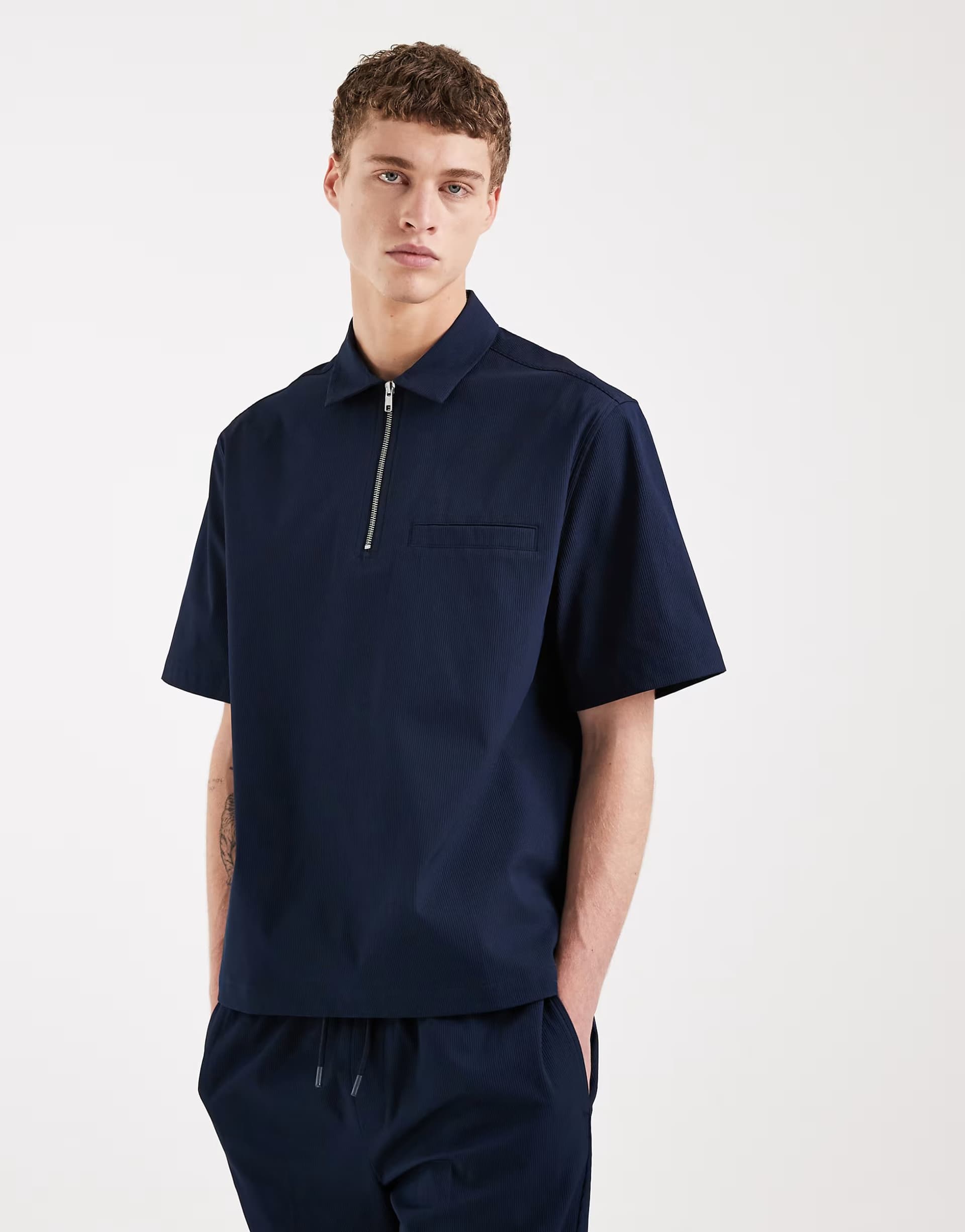 ASOS ASOS DESIGN co-ord half zip relaxed overhead shirt in navy