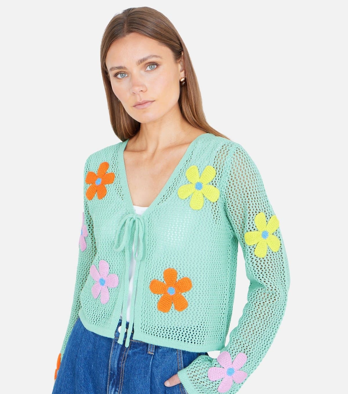 Yumi Women's Light Green Flower Embroidered Tie Front Cardigan Yumi New Look