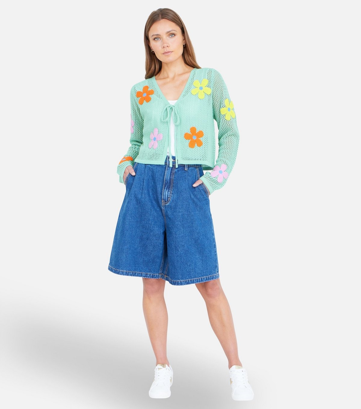 Yumi Women's Light Green Flower Embroidered Tie Front Cardigan Yumi New Look - 2