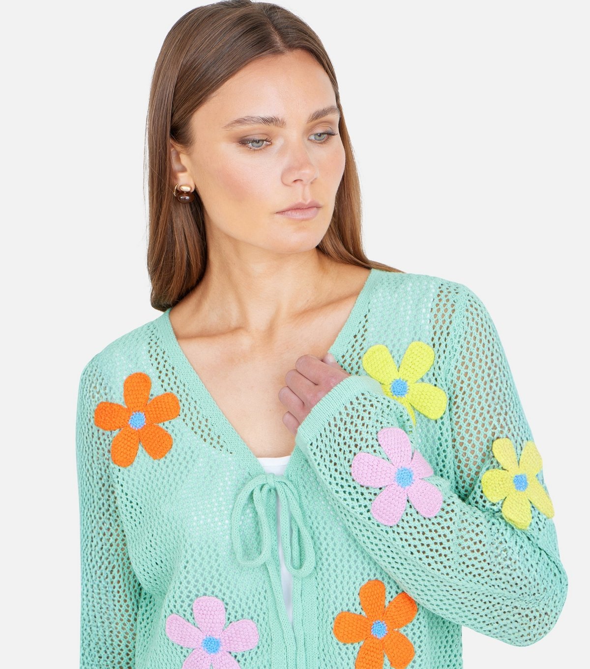 Yumi Women's Light Green Flower Embroidered Tie Front Cardigan Yumi New Look - 4