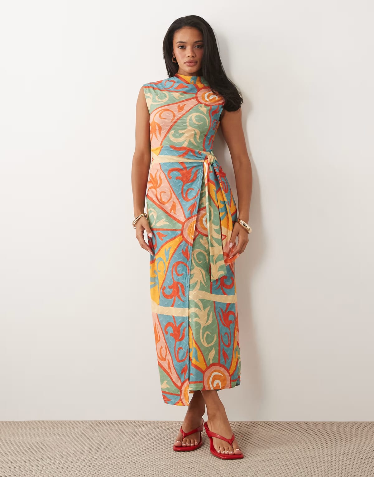 ASOS Never Fully Dressed Lucy textured short sleeve tie front midi dress in kaleidoscope print - 1