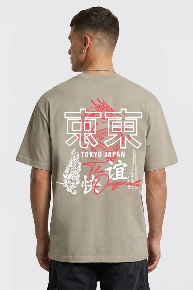 LONDON ATTITUDE LONDON ATTITUDE Men's Tokyo Dragon Premium Cotton Relaxed Fit T-Shirt in Stone - 2