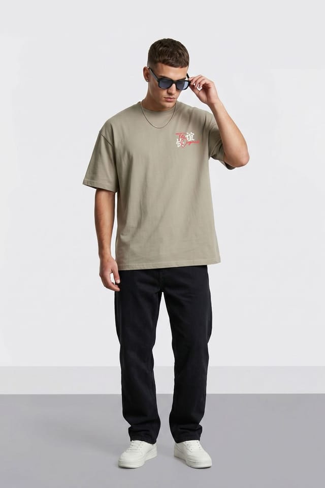 LONDON ATTITUDE LONDON ATTITUDE Men's Tokyo Dragon Premium Cotton Relaxed Fit T-Shirt in Stone - 3