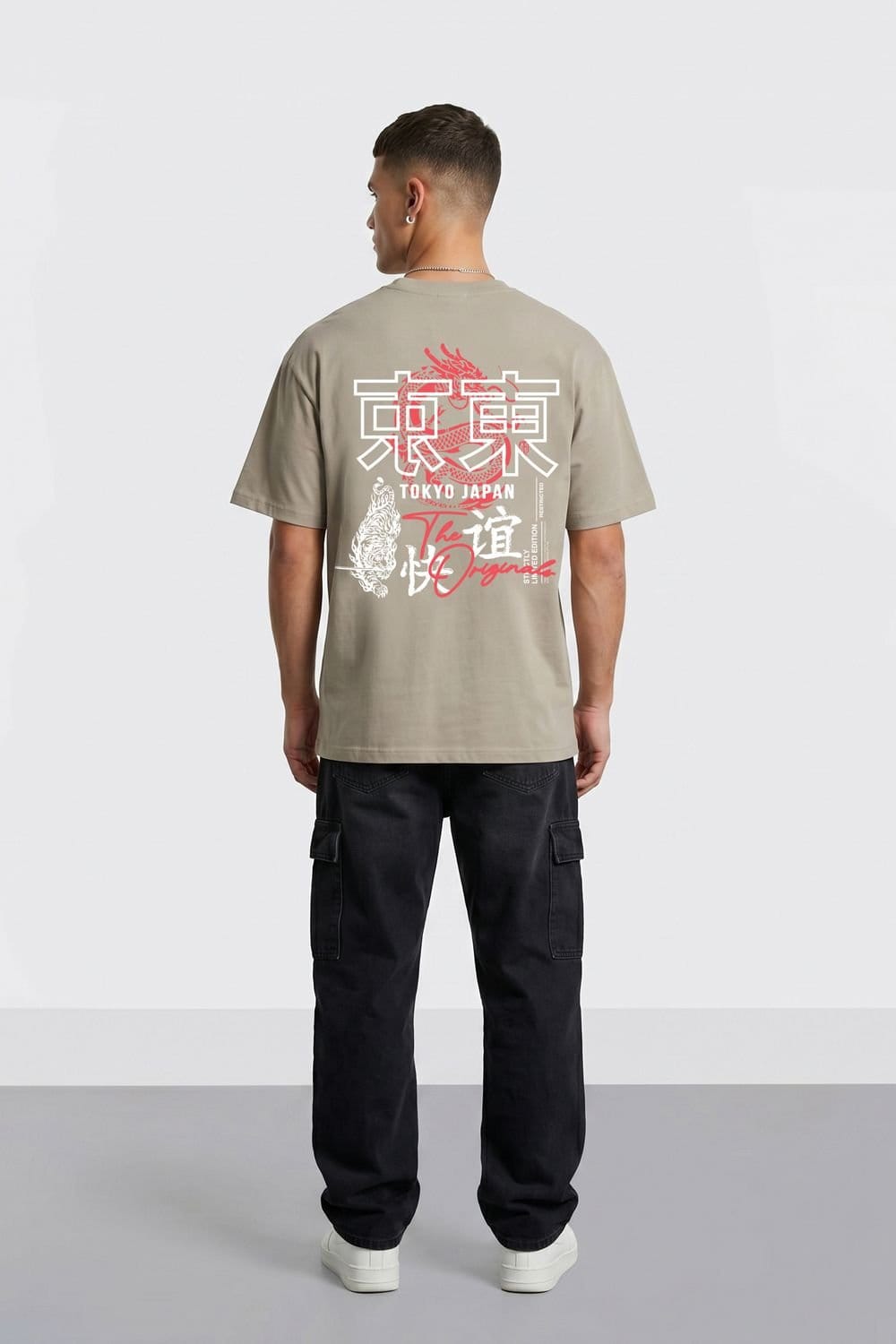 LONDON ATTITUDE LONDON ATTITUDE Men's Tokyo Dragon Premium Cotton Relaxed Fit T-Shirt in Stone - 4