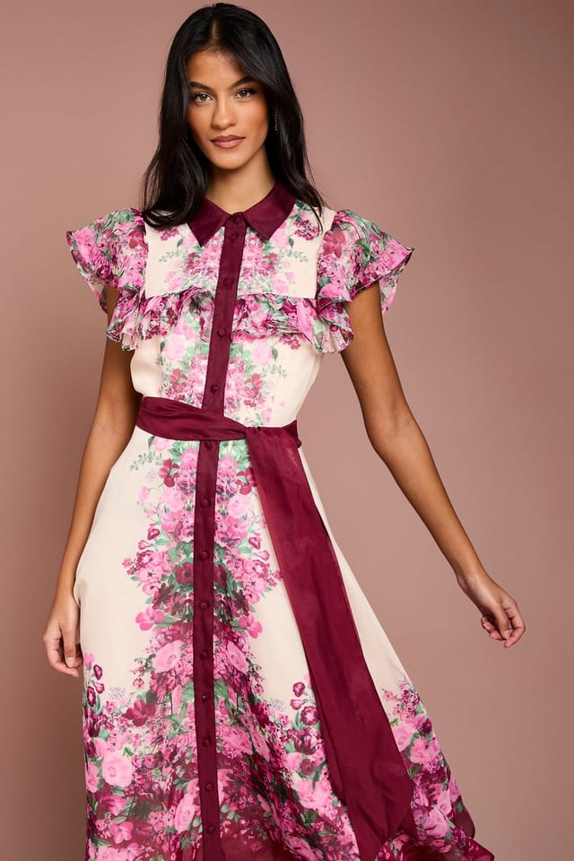 Coast Coast Women's Petite Placement Print Frill Midi Dress in Berry - 2