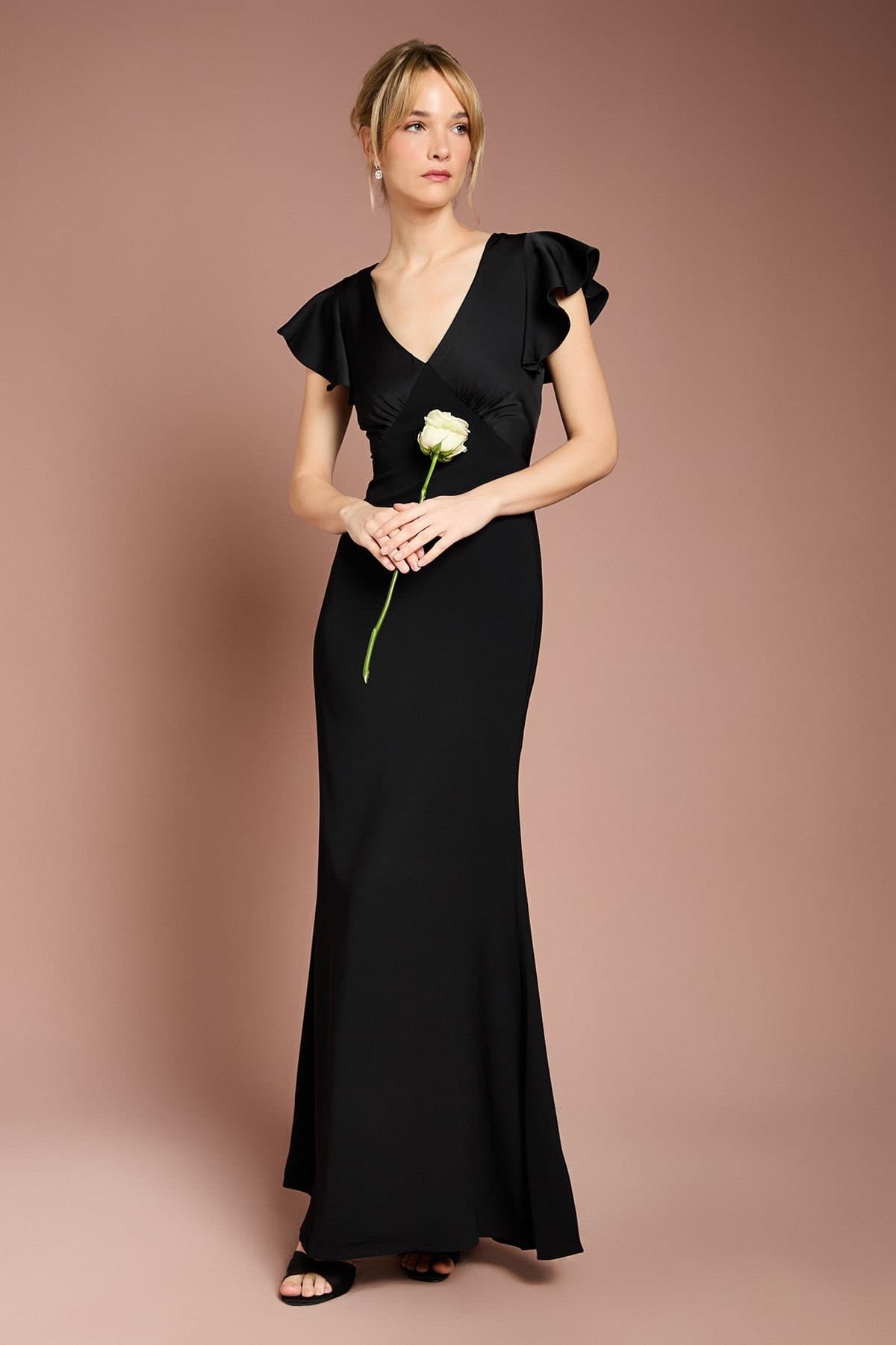 Coast Coast Women's Honoured V Neck Angel Short Sleeve Satin Maxi Bridesmaid Dress in Black