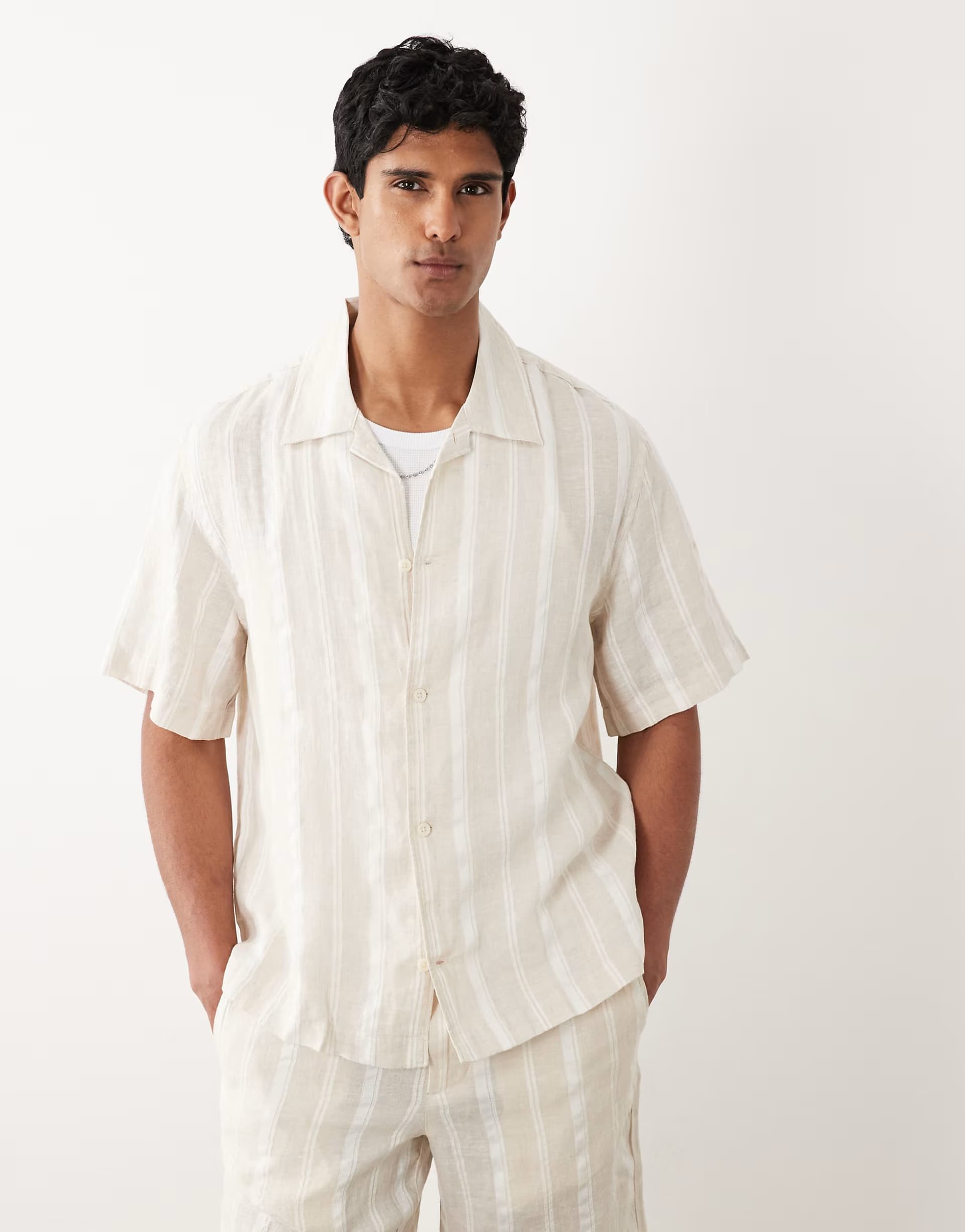 ASOS Mango linen blend short sleeve striped shirt in ecru