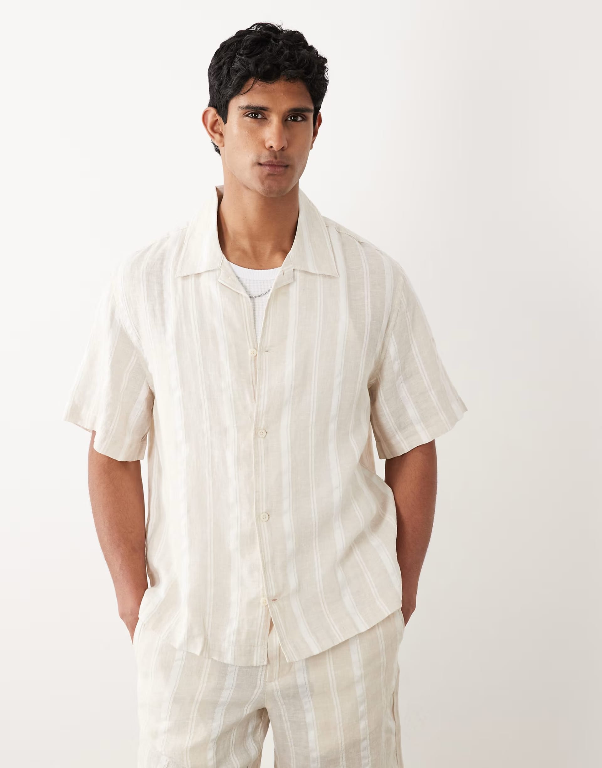 ASOS Ecru Linen Blend Short Sleeve Striped Shirt