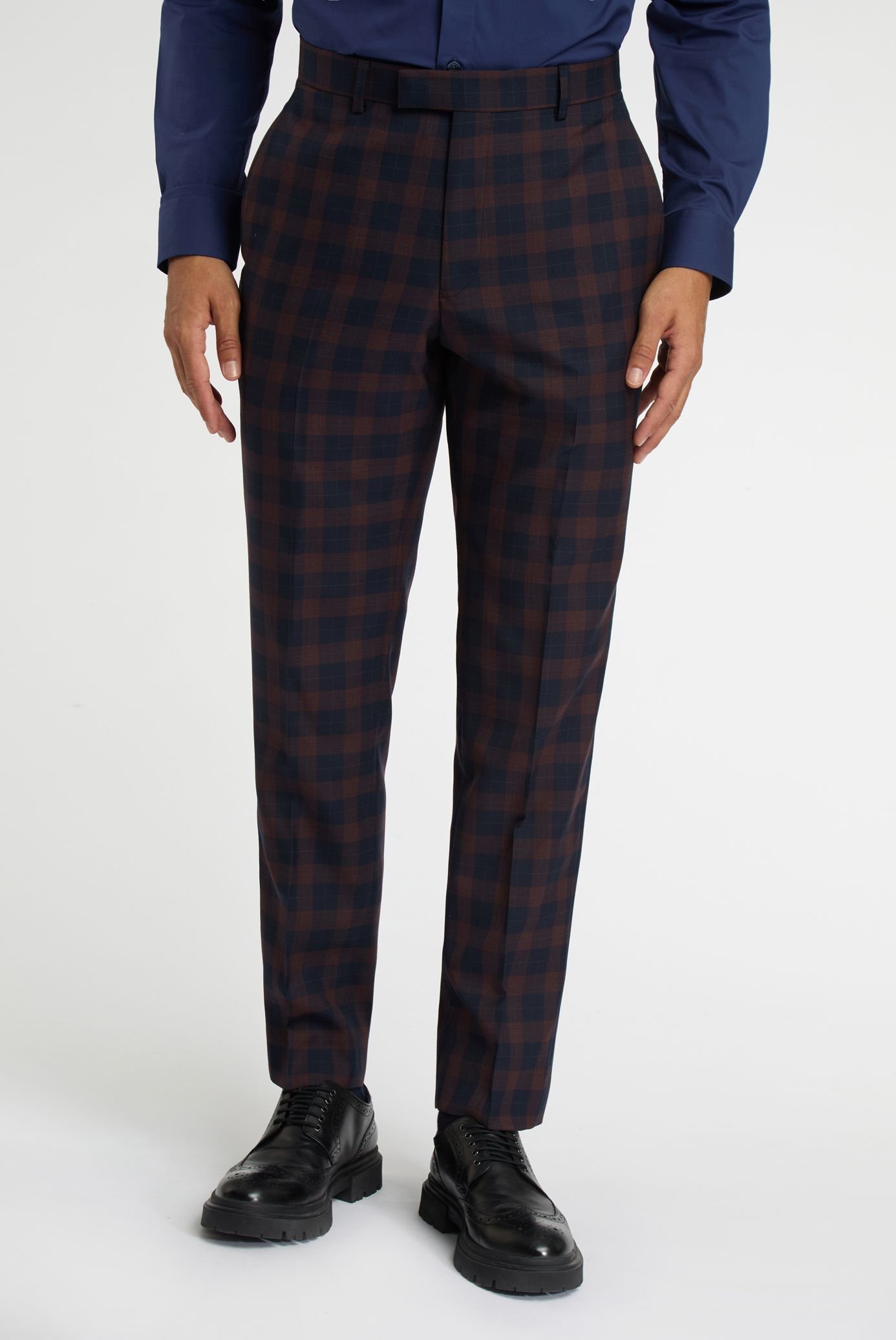 Racing Green Racing Green Men's Regular Fit Navy Burgundy Check Trousers - 3