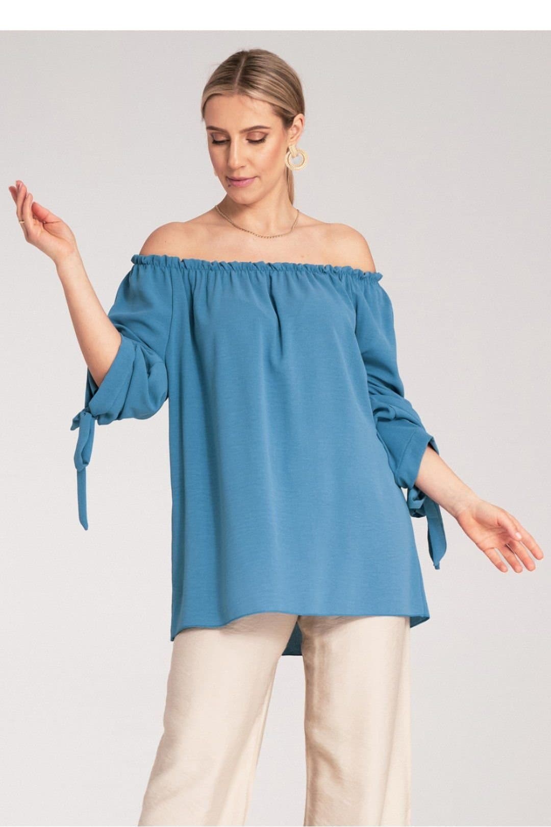 Love Lace Love Lace Women's Off Shoulder Pleated Neck Blouse with Ties in Blue