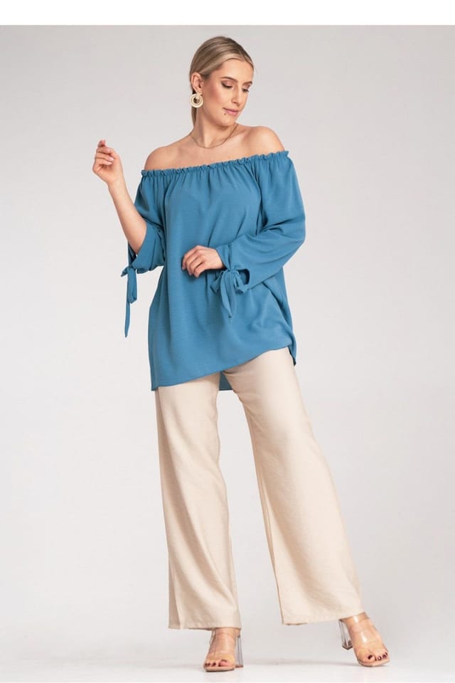 Love Lace Love Lace Women's Off Shoulder Pleated Neck Blouse with Ties in Blue - 2