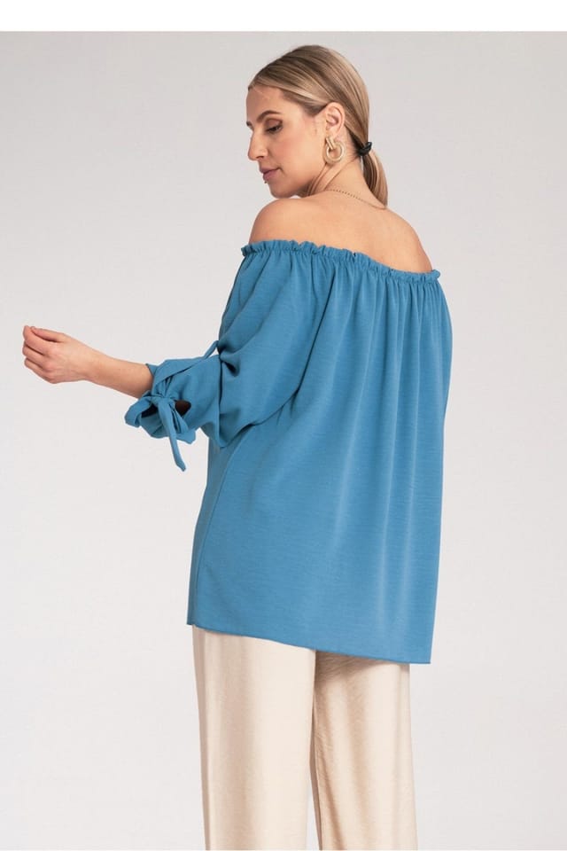 Love Lace Love Lace Women's Off Shoulder Pleated Neck Blouse with Ties in Blue - 3