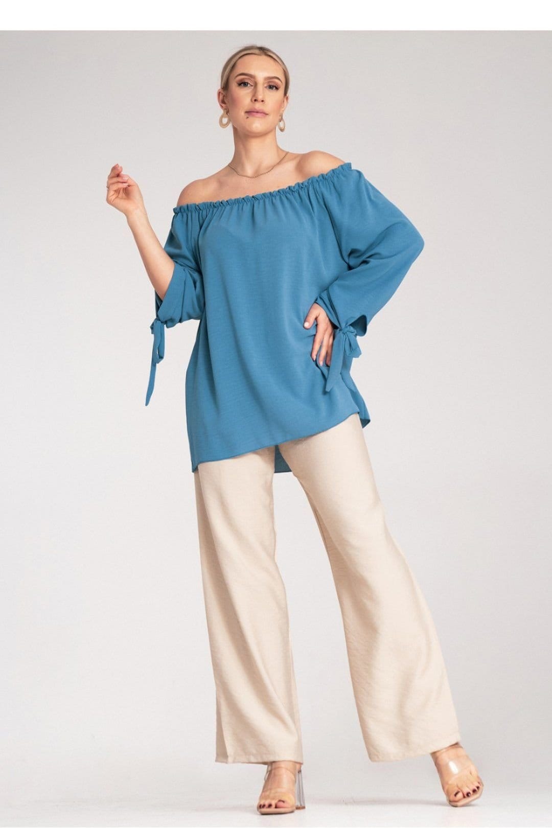 Love Lace Love Lace Women's Off Shoulder Pleated Neck Blouse with Ties in Blue - 4