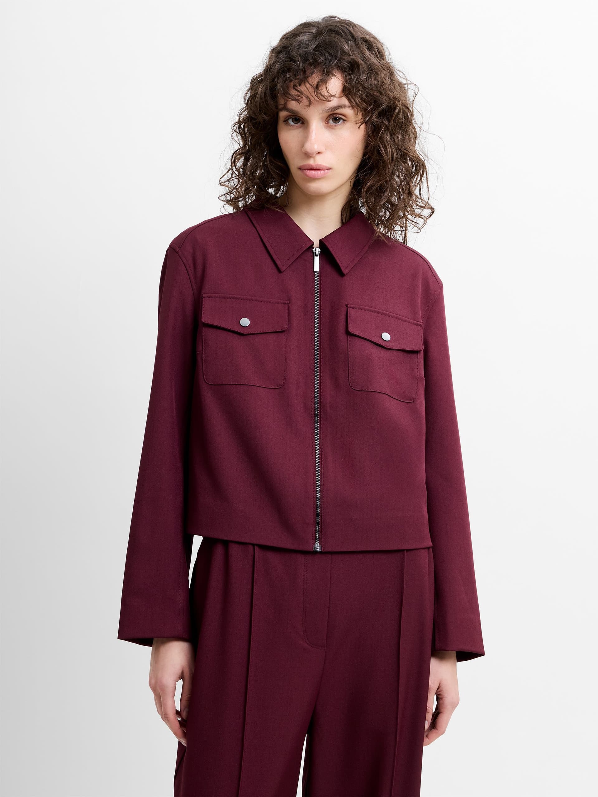 French Connection Twyla Suiting Structured Hem Jacket Berry Red