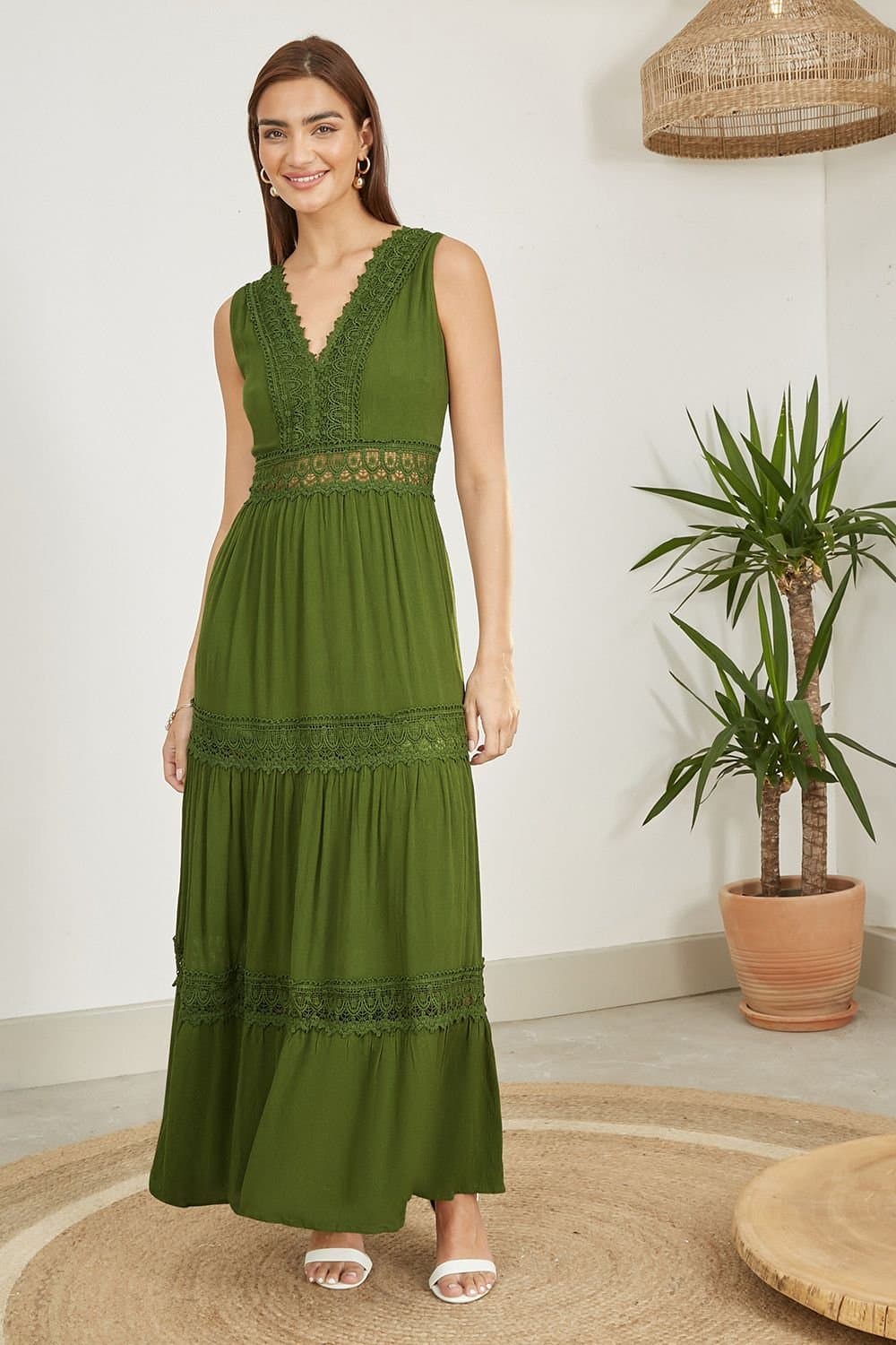 Yumi Yumi Women's Green Lace Trim Cotton Midi Sun Dress