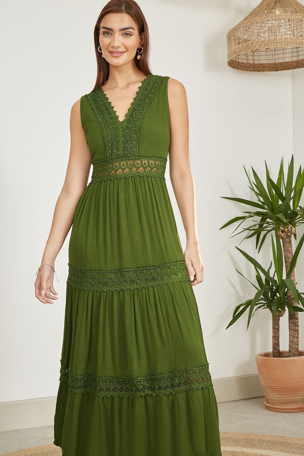Yumi Yumi Women's Green Lace Trim Cotton Midi Sun Dress - 2
