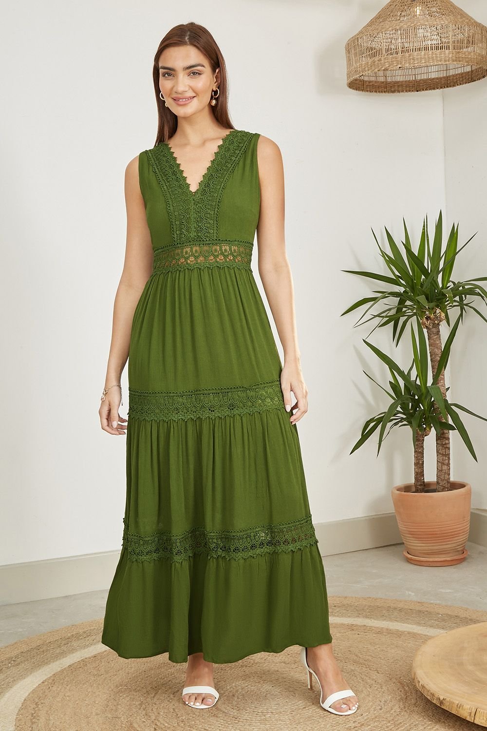 Yumi Yumi Women's Green Lace Trim Cotton Midi Sun Dress - 3