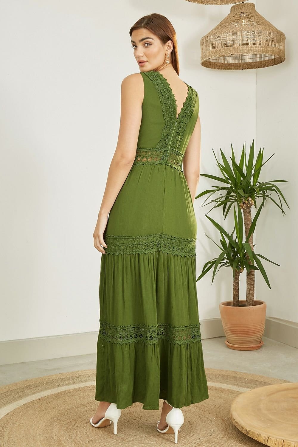 Yumi Yumi Women's Green Lace Trim Cotton Midi Sun Dress - 4