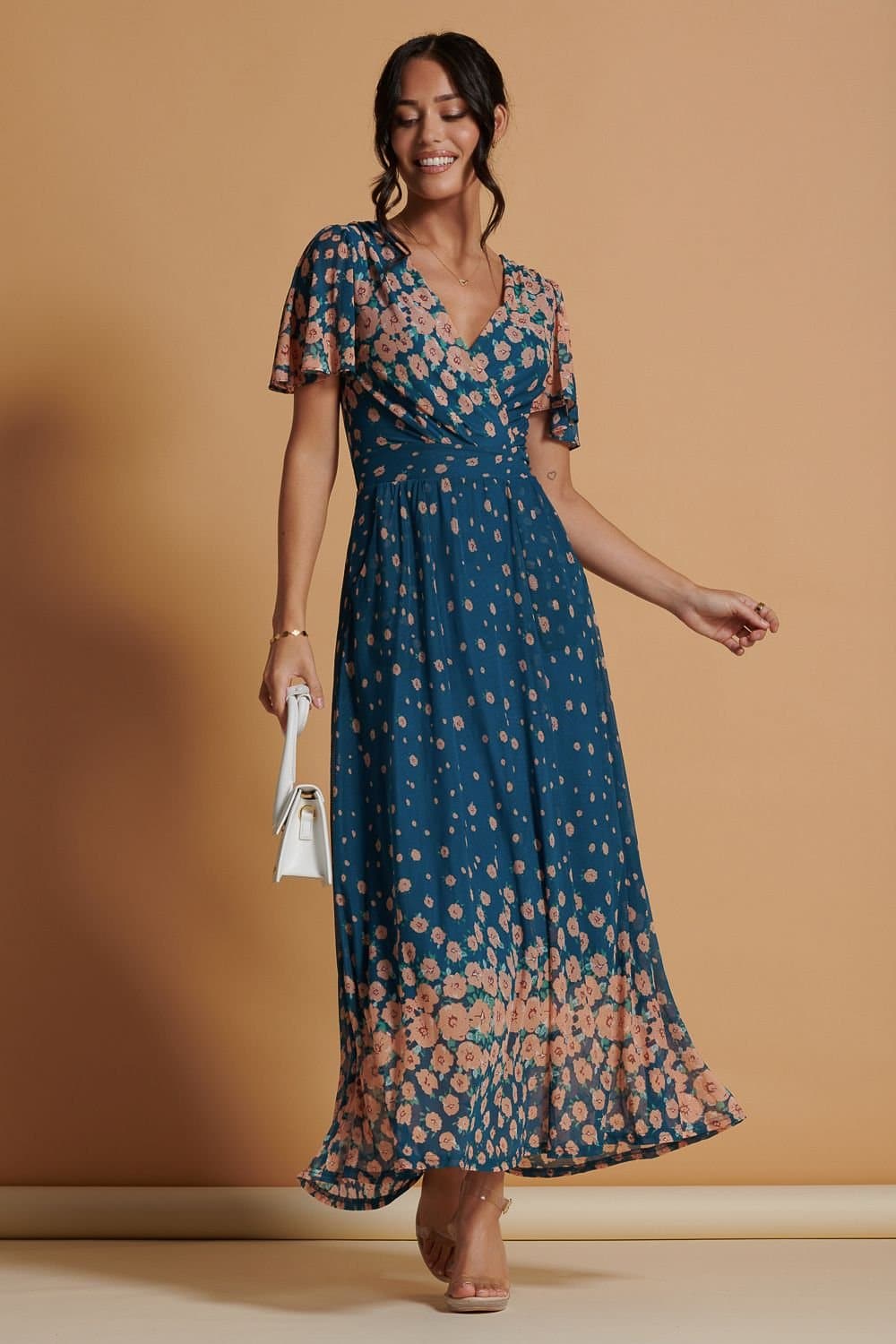 Jolie Moi Jolie Moi Women's Mirrored Mesh Angel Sleeve Maxi Dress in Teal